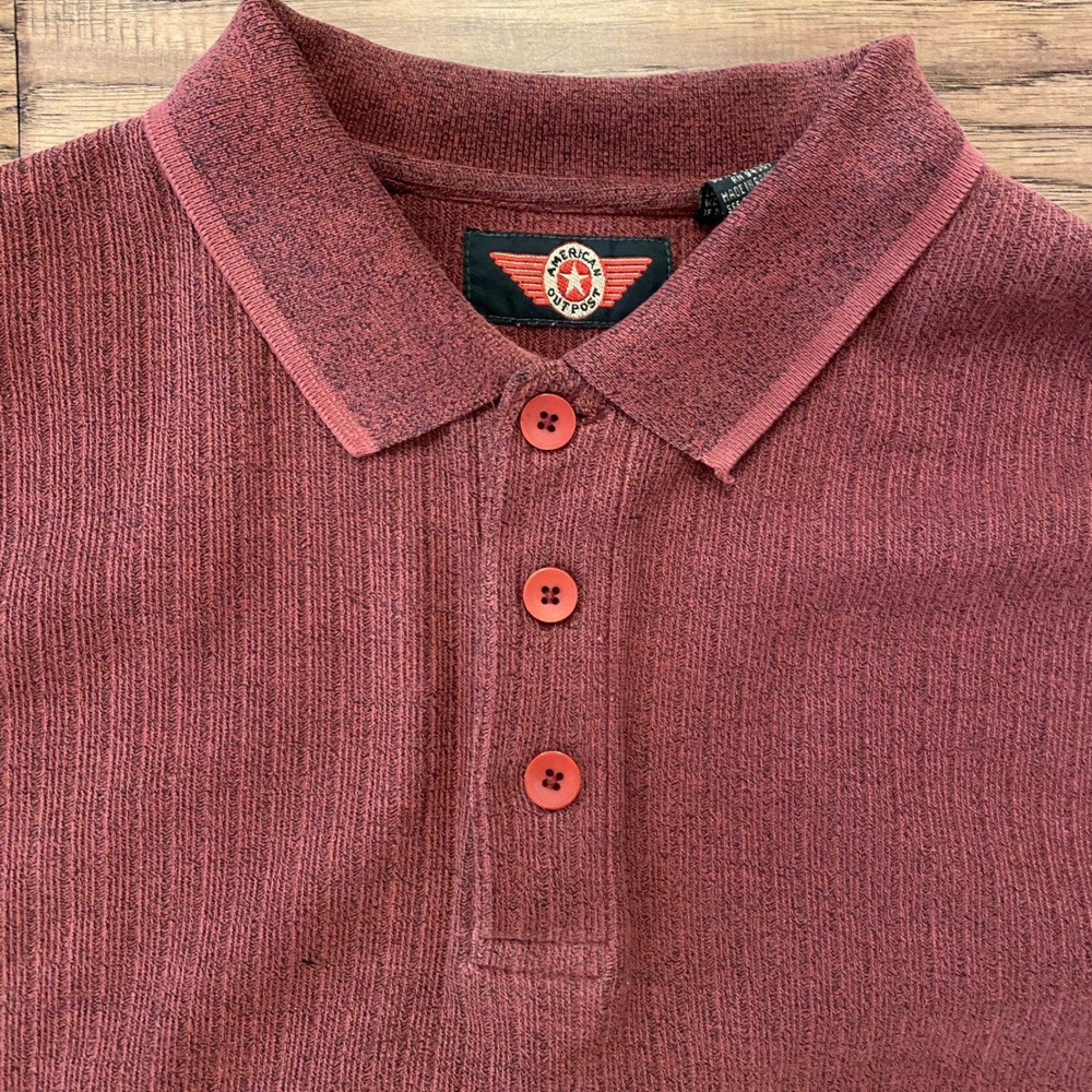 American Outpost Mens Long Sleeve Ribbed Polo Shirt Burgundy Maroon Size Large